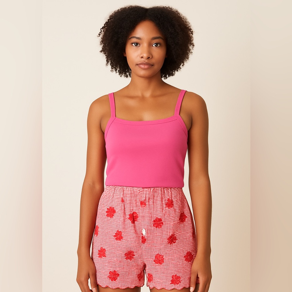 Shein Red Gingham Embroidered Floral Shorts with Scalloped Hem | Size Small